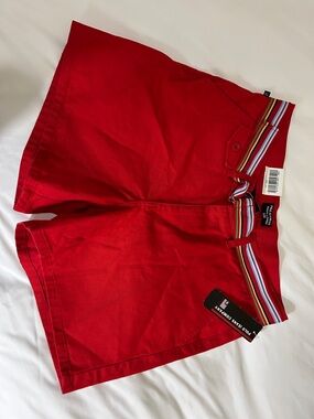 Polo by Ralph Lauren Red Cotton Bermuda Shorts with Striped Waistband